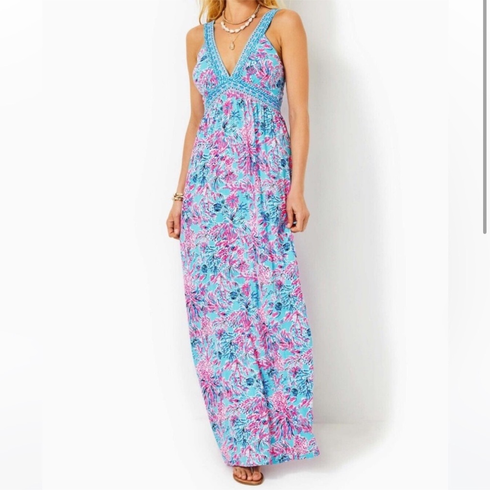 Lilly Pulitzer Serena Maxi Dress - Celestial Blue Seek and Sea Engineered - Sz 4